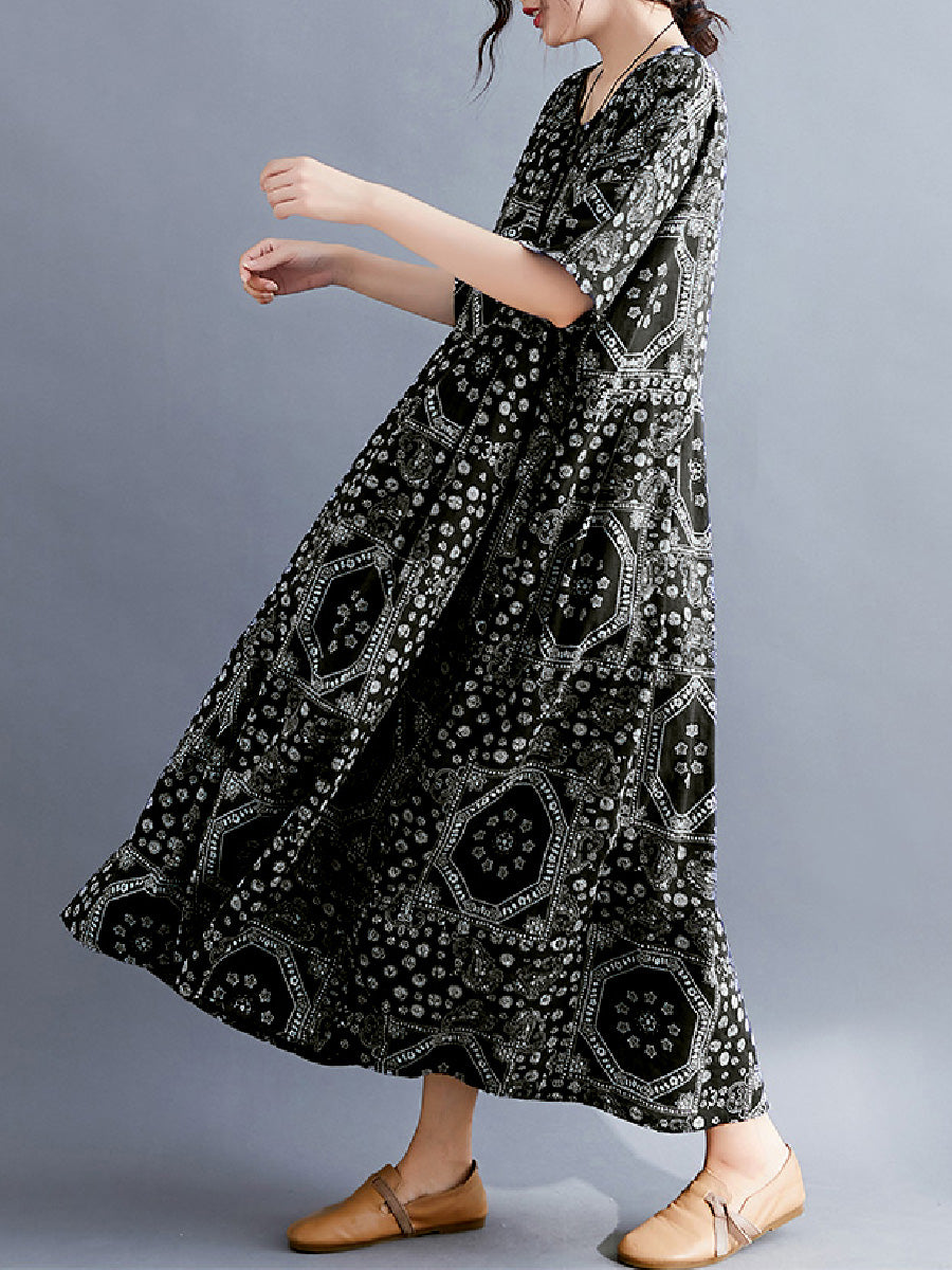 Artistic printed sleeve cotton linen Dress