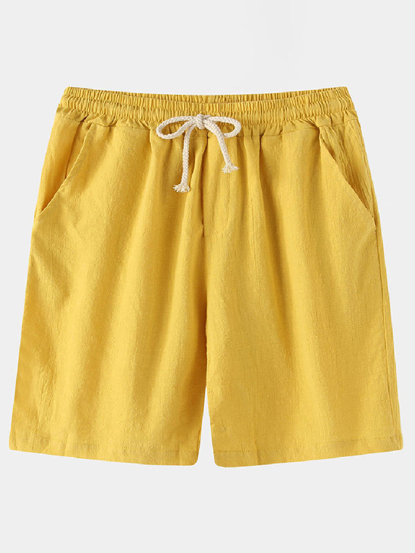 Pantaloncini casual da uomo in cotone lino da spiaggia tinta unita