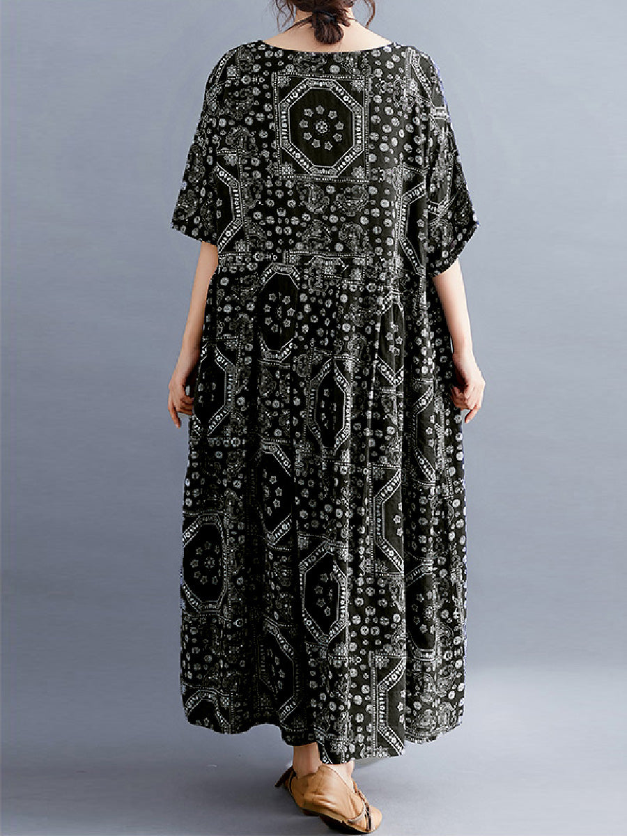 Artistic printed sleeve cotton linen Dress