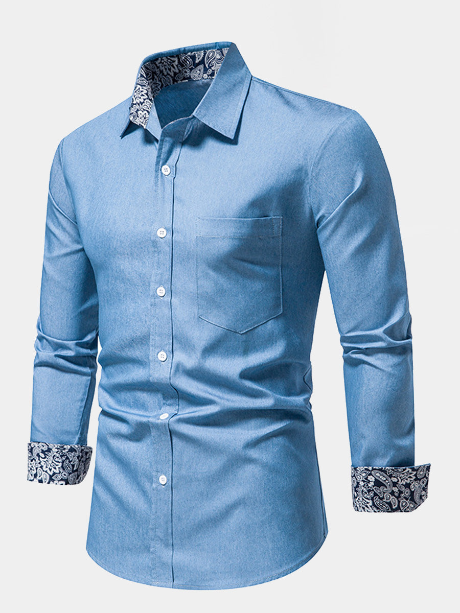 Chemise à manches longues en denim Paisley pour hommes