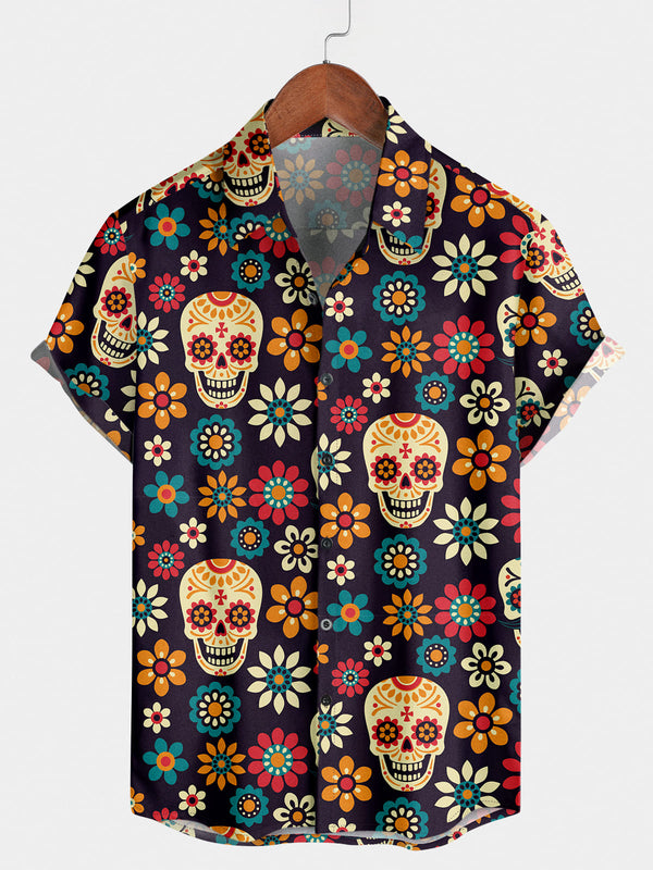 Men's Floral Skull Short Sleeve Shirt