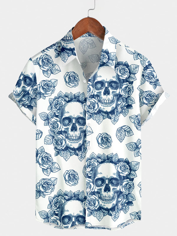 Camicia a maniche corte da uomo con teschio di fiori