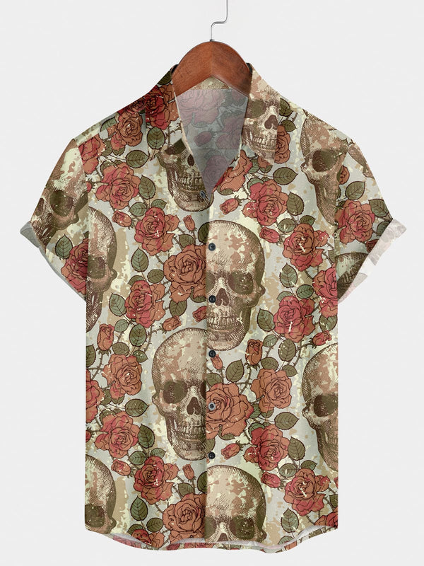 Camicia a maniche corte da uomo con teschio di fiori