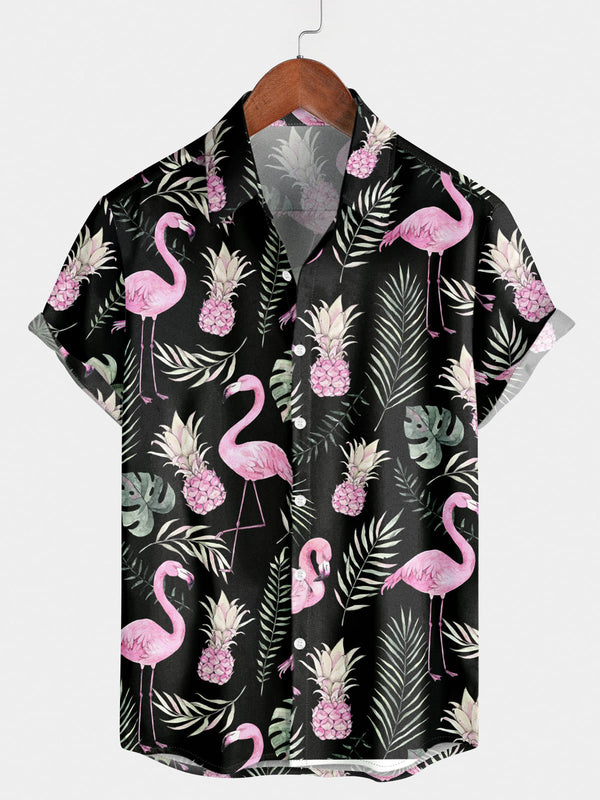 Chemise à manches courtes à imprimé flamant rose pour hommes