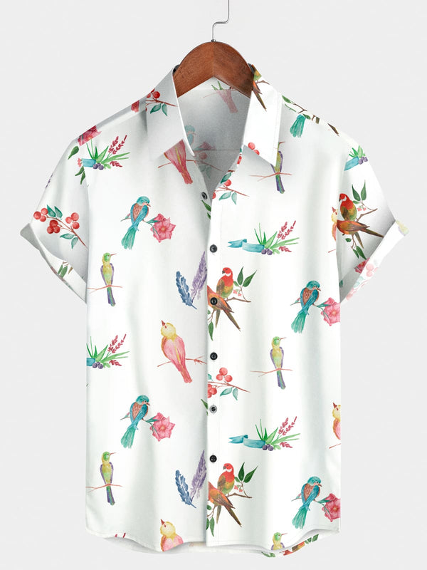 Chemise à manches courtes à imprimé oiseaux pour hommes