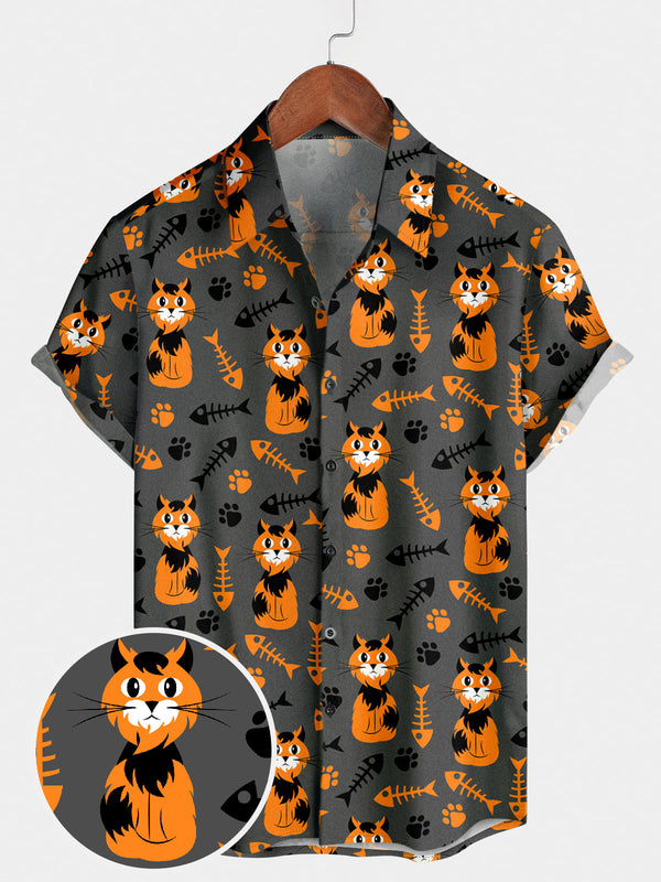 Men's Cat Print Short Sleeve Shirt