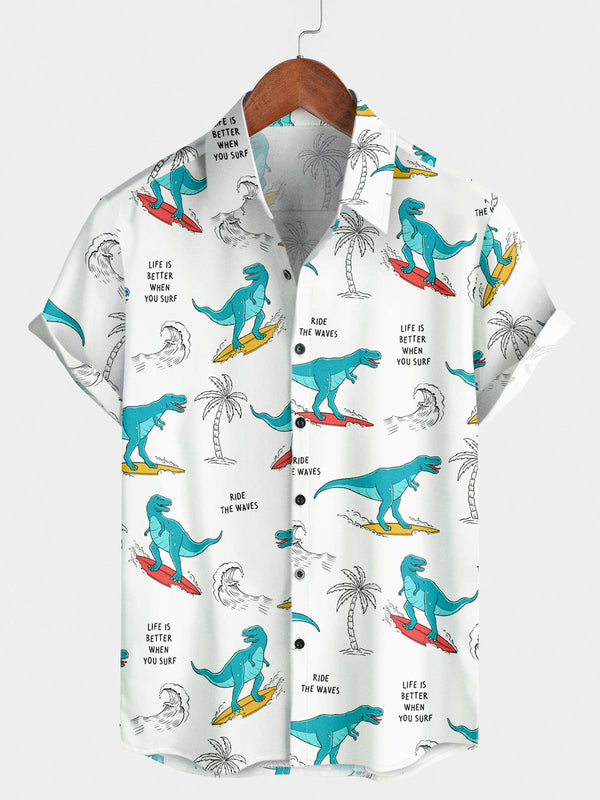 Camicia a maniche corte casual da uomo con dinosauro