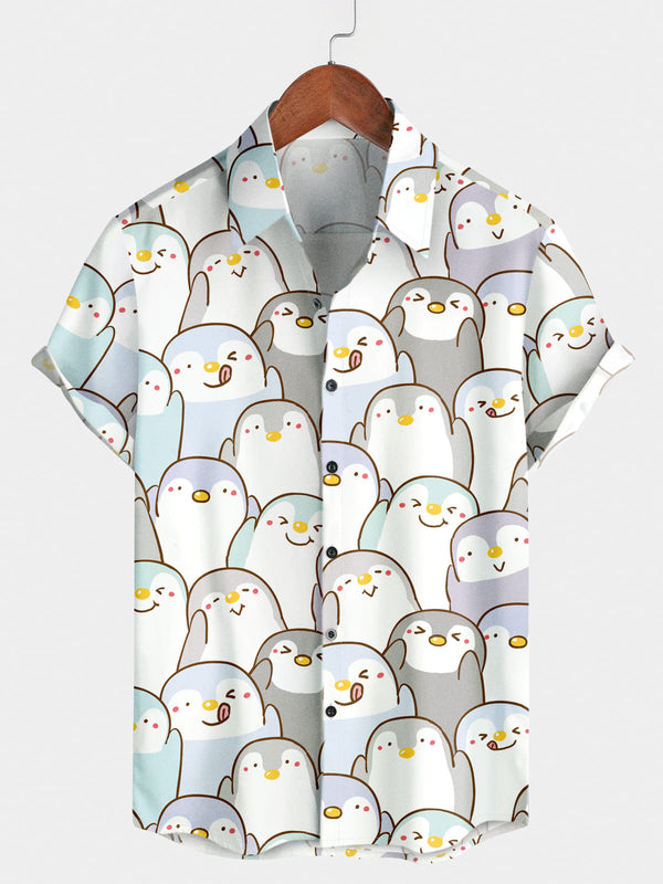 Camicia a maniche corte da uomo con stampa pinguino