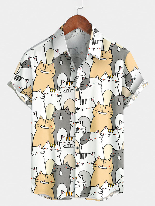 Men's Cartoon Cat Short Sleeve Shirt