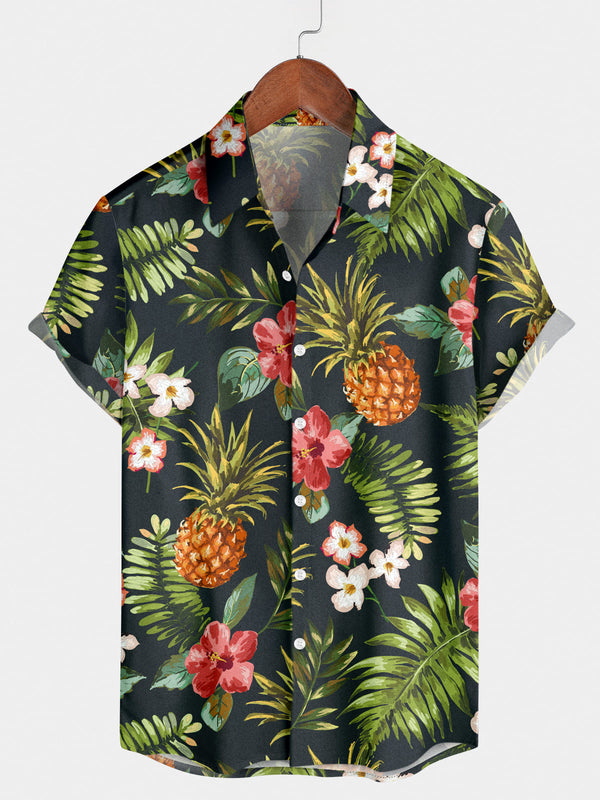 Chemise à manches courtes à fleurs et ananas pour hommes