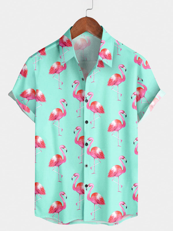 Chemise à manches courtes à imprimé flamant rose pour hommes