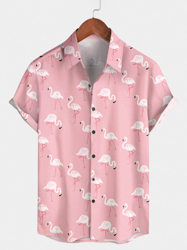 Chemise à manches courtes à imprimé flamant rose pour hommes