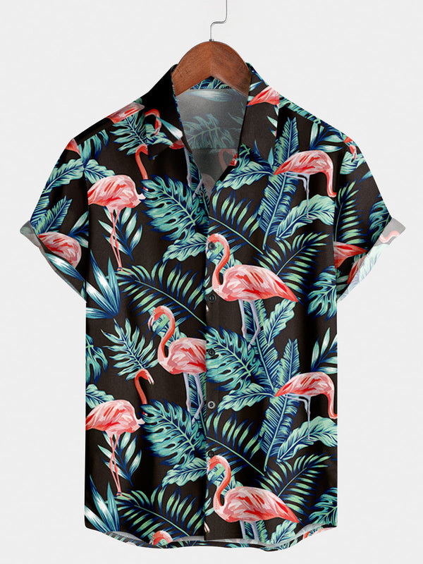 Chemise à manches courtes à imprimé flamant rose pour hommes