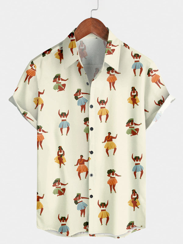 Men's Hula Girl Print Short Sleeve Shirt