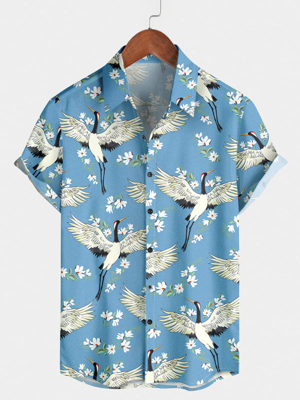 Men's Floral Crane Short Sleeve Shirt