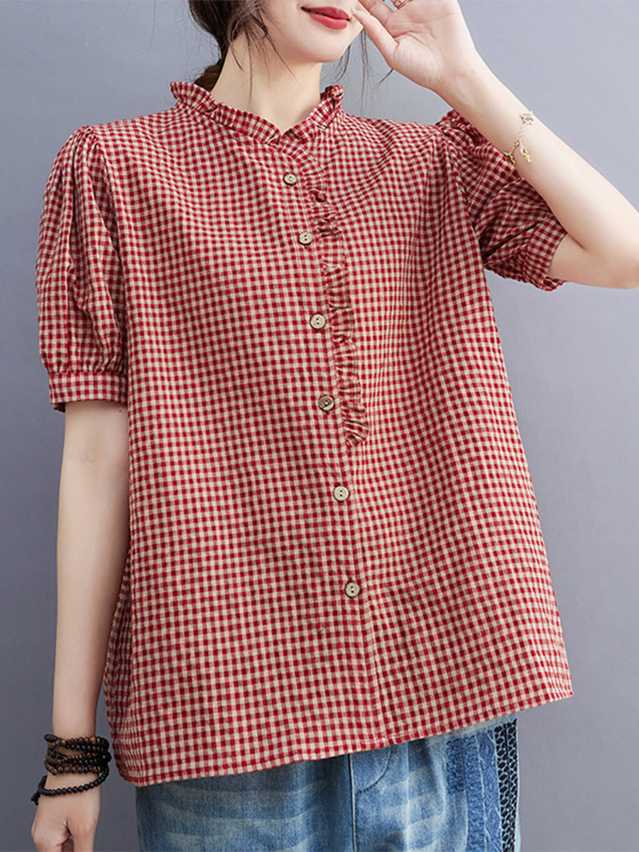 Small plaid lace collar shirt