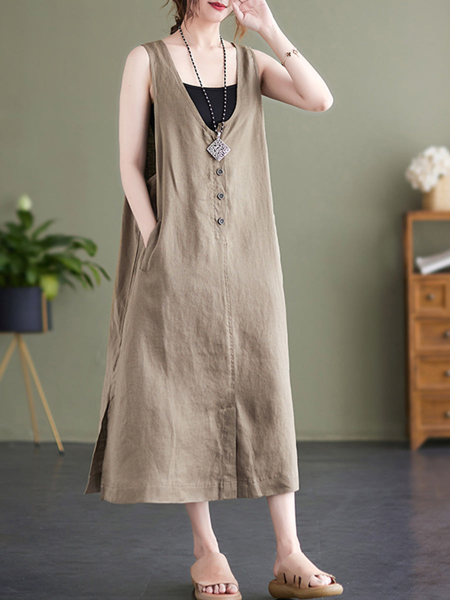 Cotton and linen V-neck sleeveless dress