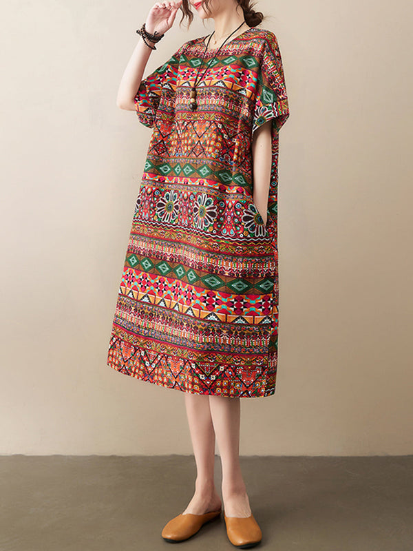 Cotton and linen ethnic style printed Dress