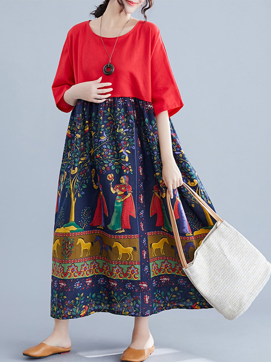 Ethnic style printed patchwork dress