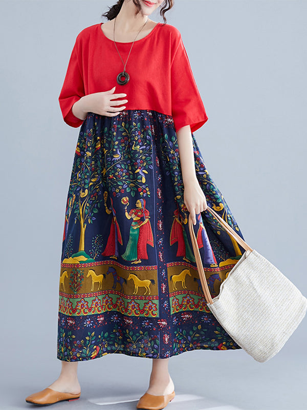 Ethnic style printed patchwork dress