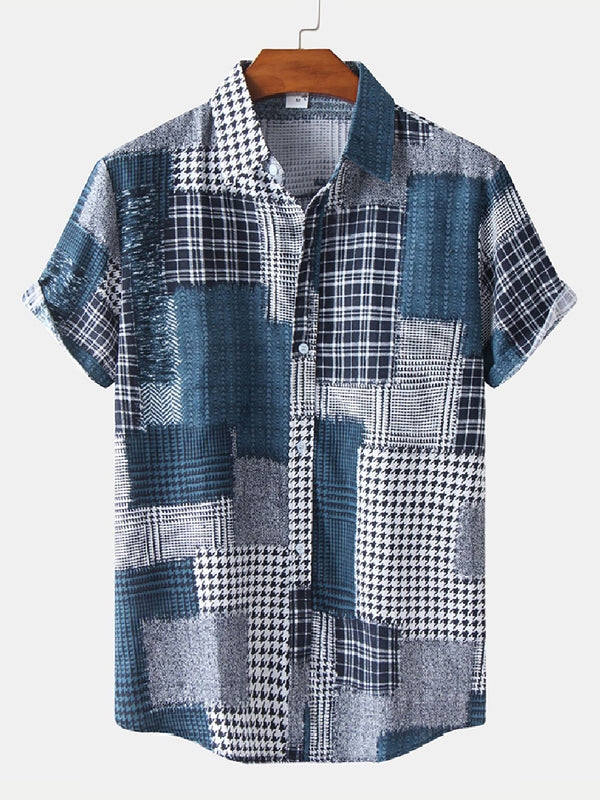 Men's Patchwork plaid short sleeve shirt