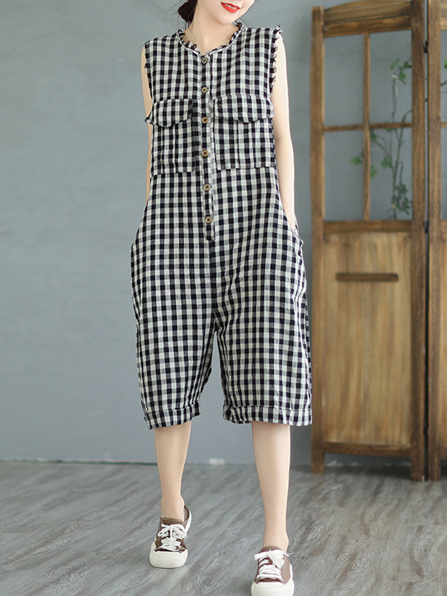 Cotton and linen plaid casual loose Jumpsuit