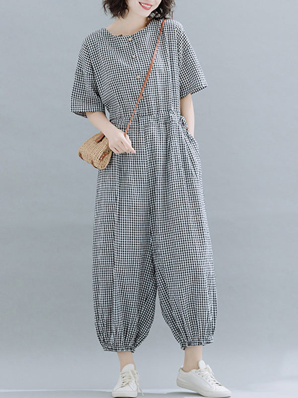 Casual checked short sleeved jumpsuit