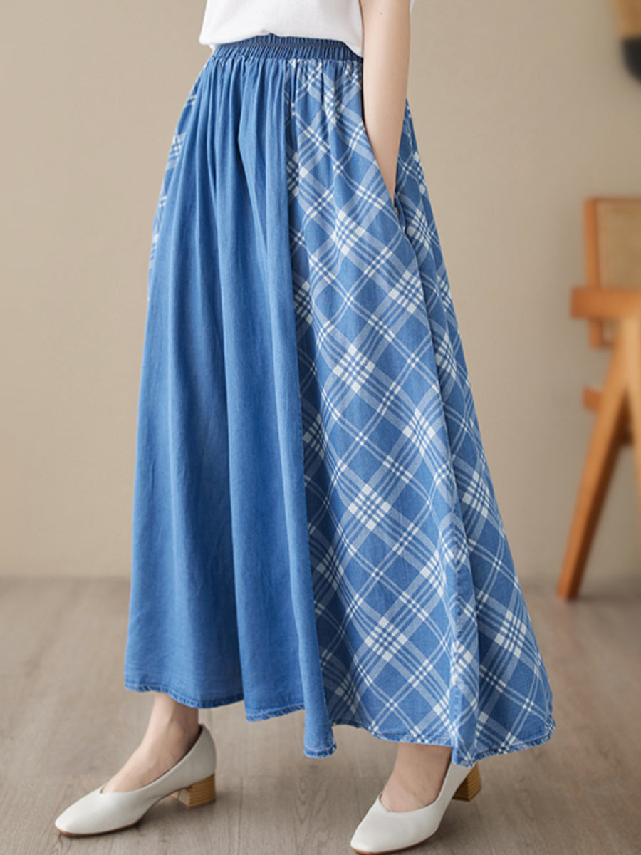 Plaid patchwork denim skirt