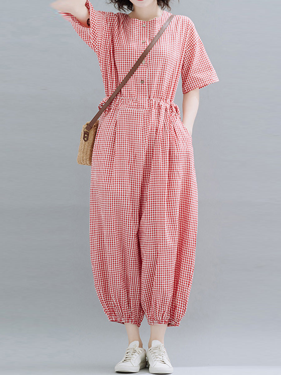 Casual checked short sleeved jumpsuit