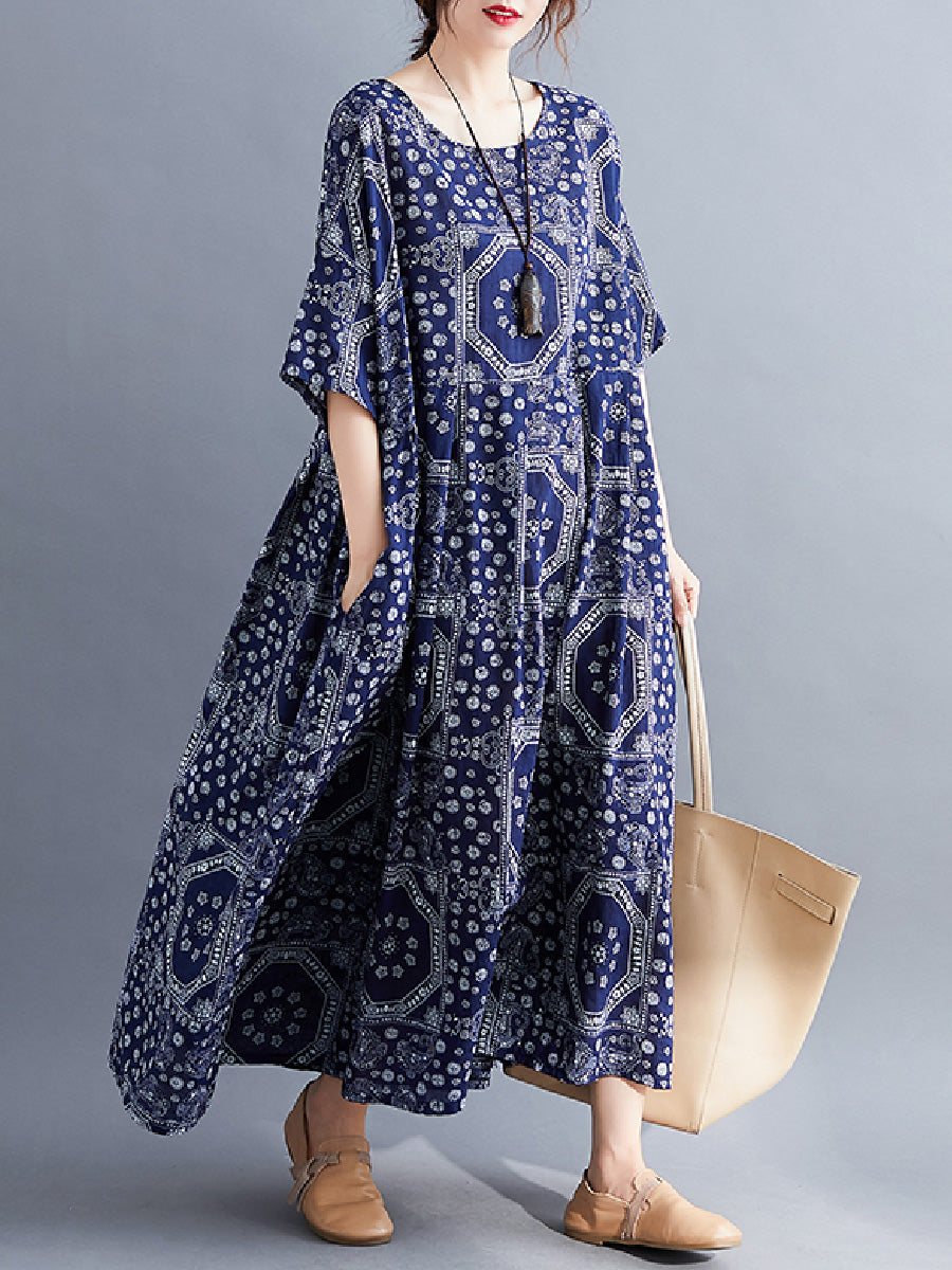 Artistic printed sleeve cotton linen Dress