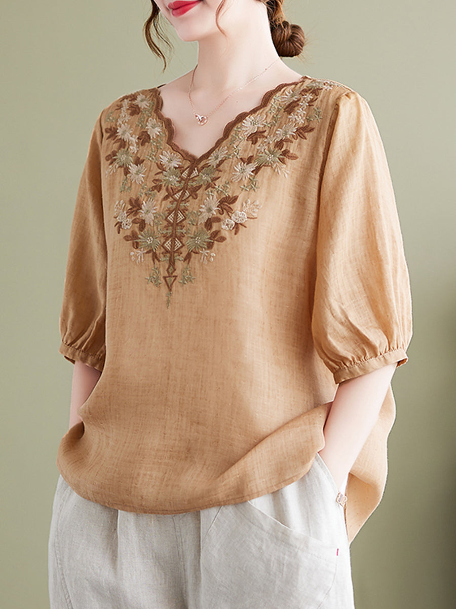 Vintage V-neck embroidered top