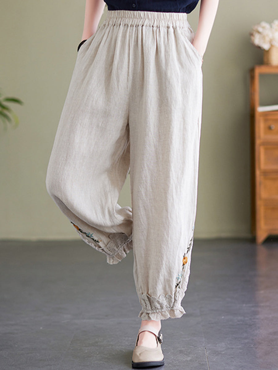 Embroidered cotton and linen cropped pants