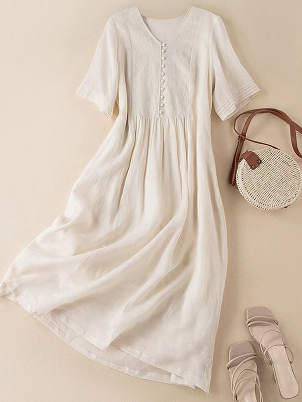 V-neck embroidered solid color dress