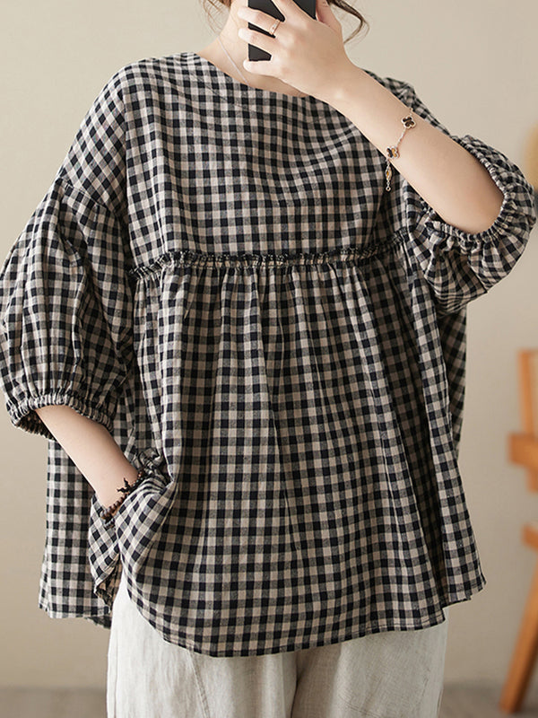 Lantern sleeve plaid shirt