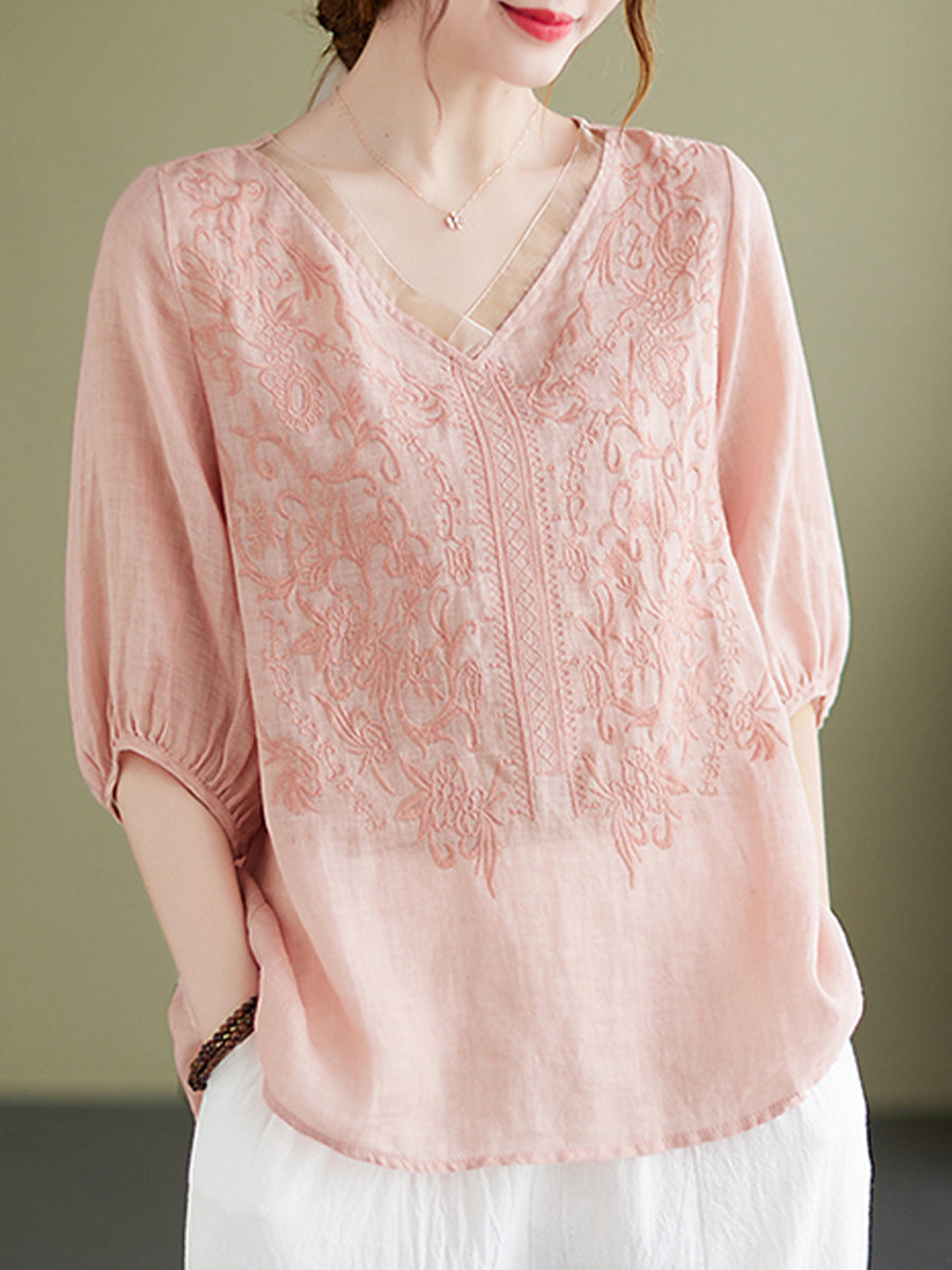 Embroidered V-neck top