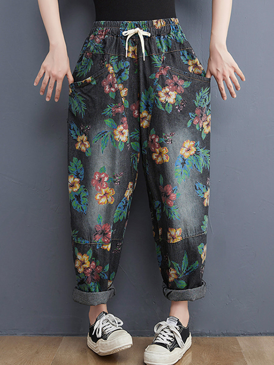 Vintage printed large pocket jeans pant