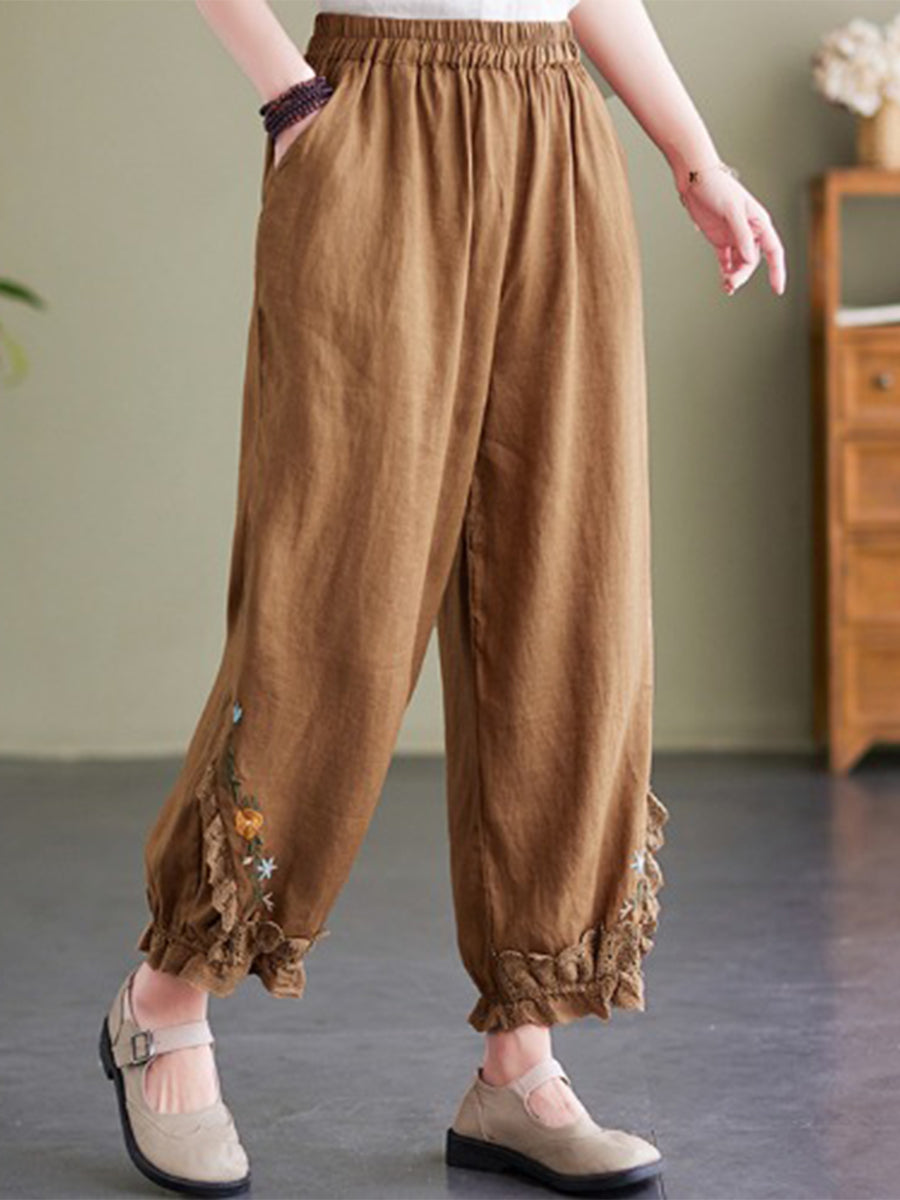 Embroidered cotton and linen cropped pants