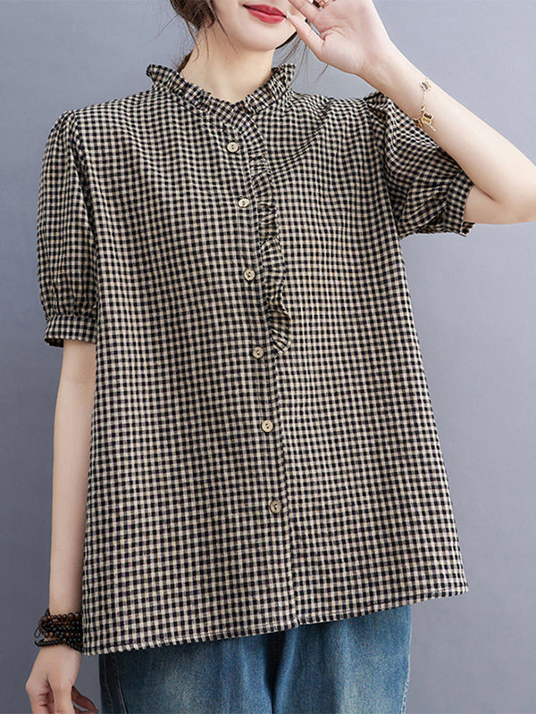 Small plaid lace collar shirt