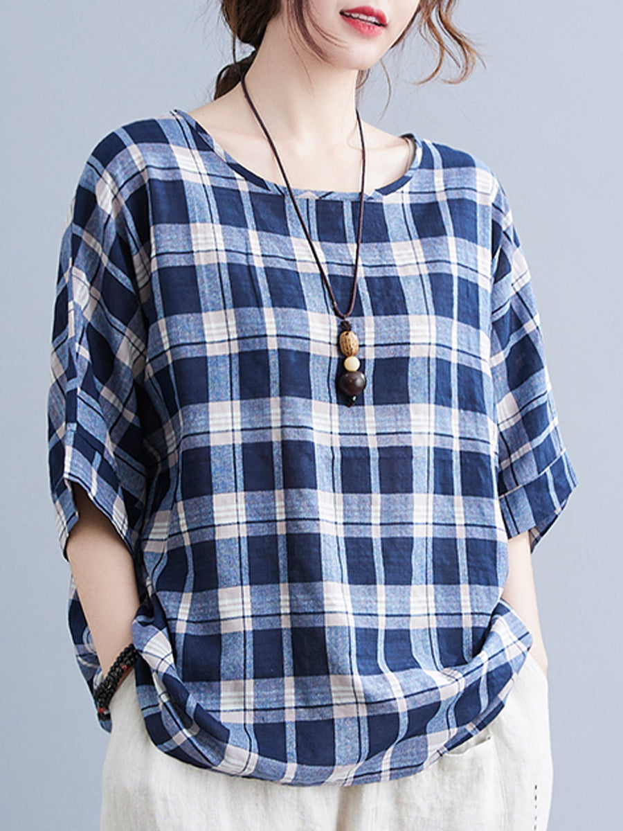 Checkered round neck oversized shirt