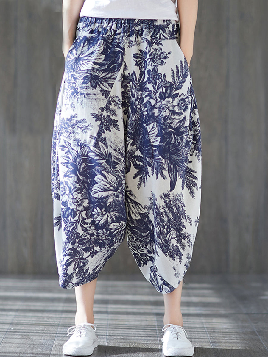 Cotton and linen retro printed pant