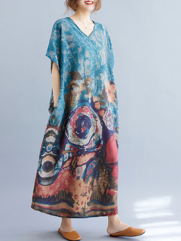 Artistic printed V-neck dress