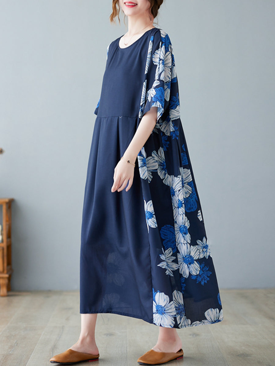 Spliced Dark Blue Flower Skirt