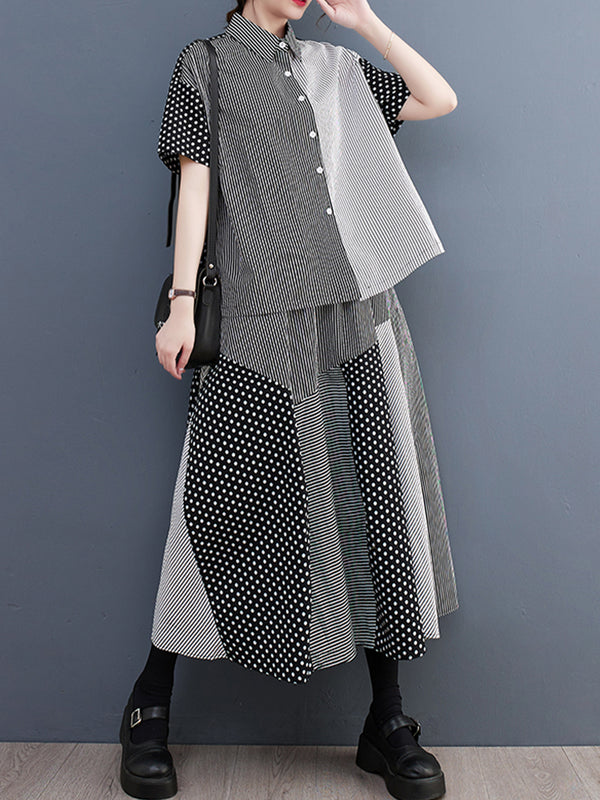 Spliced striped shirt loose set