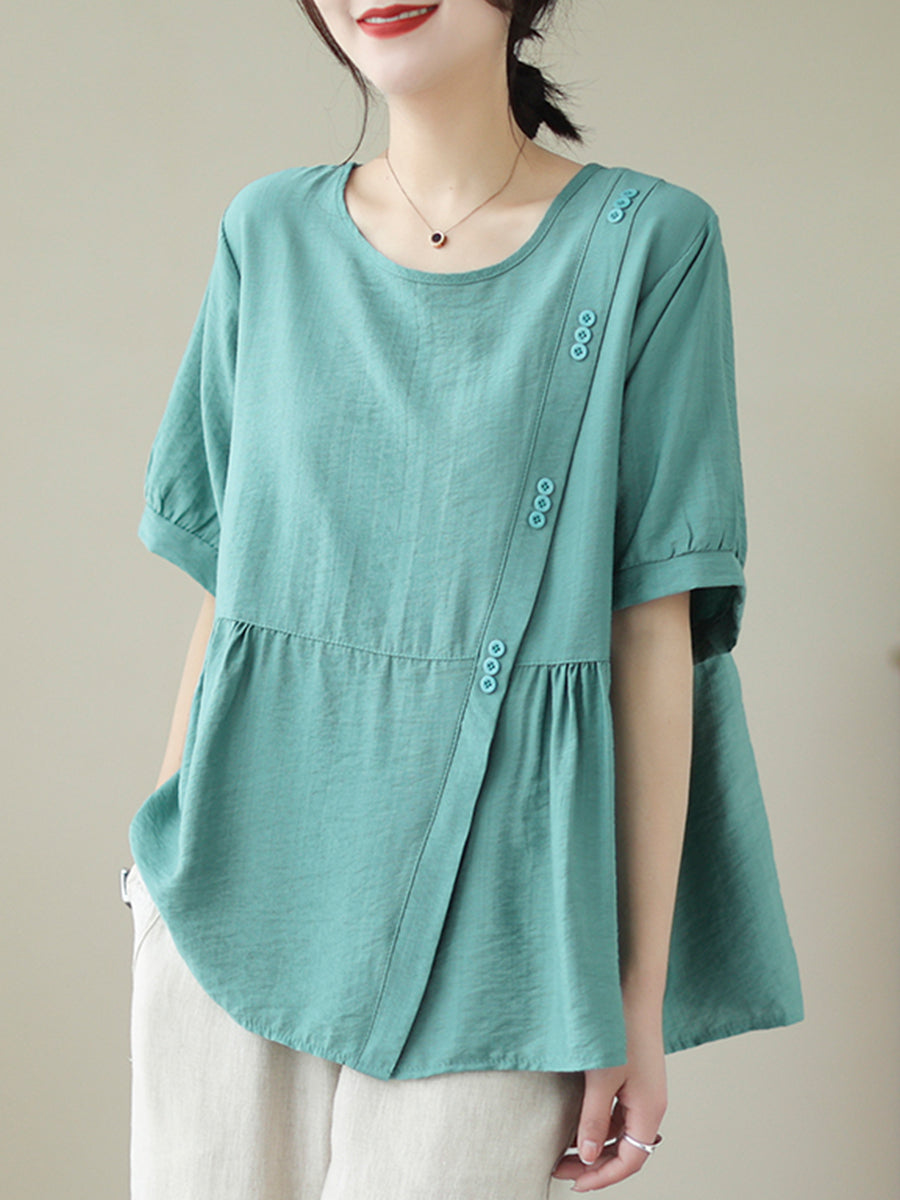 Round neck diagonal button shirt