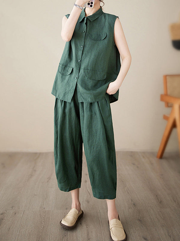 Sleeveless shirt solid color loose set