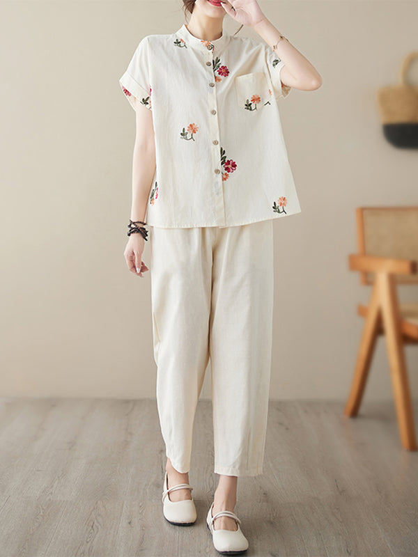 Small flower round neck shirt loose set