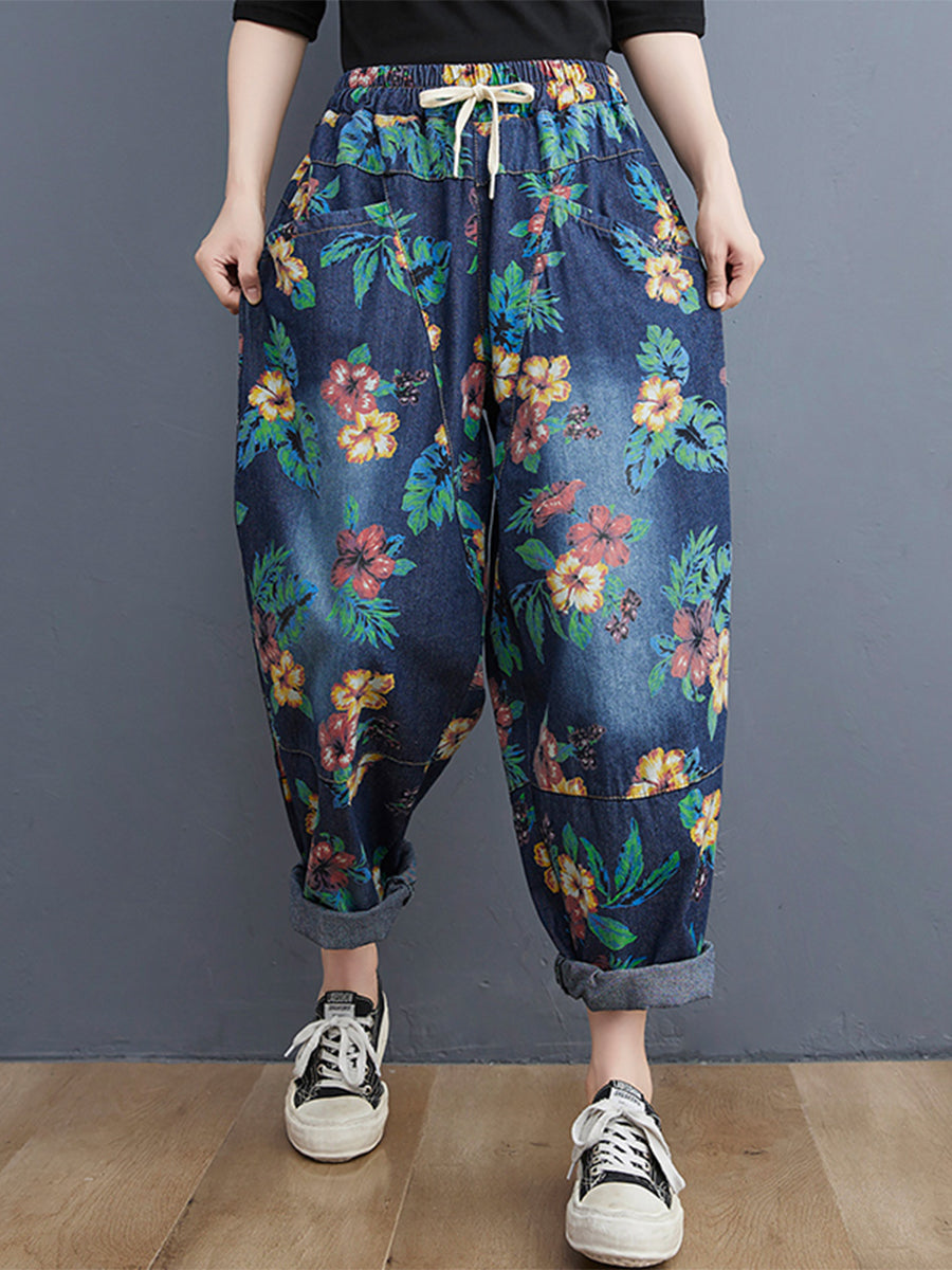 Vintage printed large pocket jeans pant