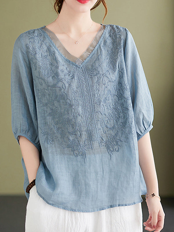 Embroidered V-neck top