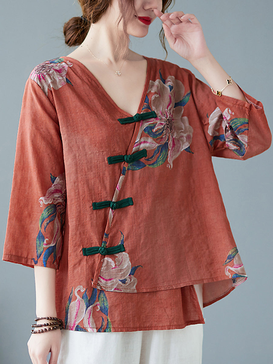 Diagonal button floral printed shirt