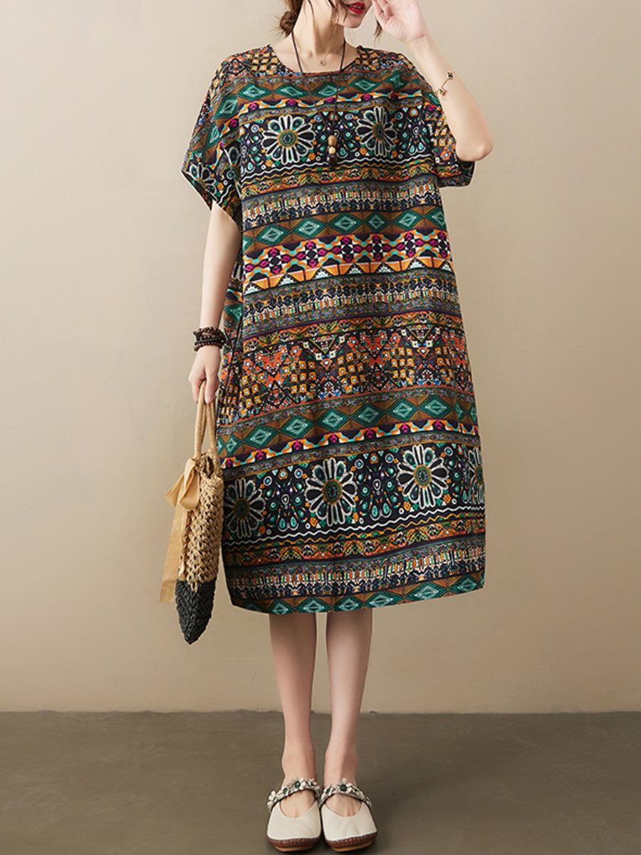 Cotton and linen ethnic style printed Dress